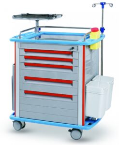 carrello di emergenza ospedaliera con presidi e dispositivi sanitari