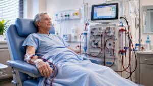 persona in dialisi assistita da personale sanitario durante il trattamento