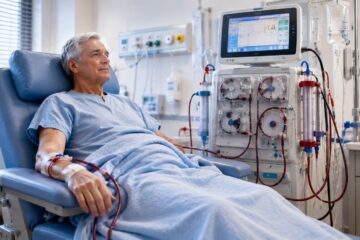 persona in dialisi assistita da personale sanitario durante il trattamento
