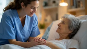OSS accanto a una persona in hospice con gesto delicato e rispettoso