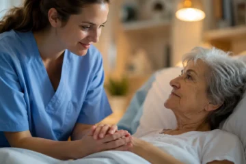OSS accanto a una persona in hospice con gesto delicato e rispettoso