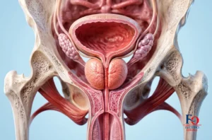 Sezione anatomica frontale dell'apparato uro-genitale maschile con focus su prostata, vescica e pavimento pelvico, per la formazione OSS.
