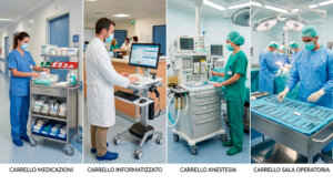 carrello medicazioni informatizzato in sala operatoria con materiali sanitari ordinati