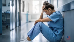 operatrice sanitaria stressata seduta in corridoio ospedaliero durante un momento di forte disagio lavorativo