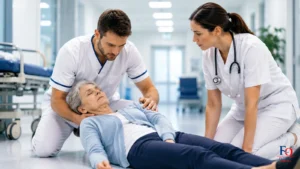 operatore oss assiste una donna svenuta mentre un'infermiera osserva in ambiente ospedaliero