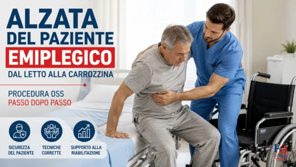 operatore socio sanitario assiste un paziente emiplegico durante il trasferimento dal letto alla carrozzina