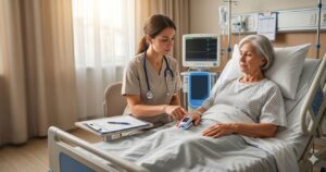 operatore sanitario controlla la saturazione con dispositivo per monitoraggio dell'ossigenazione
