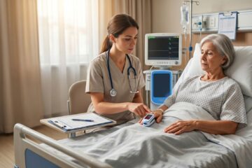 operatore sanitario controlla la saturazione con dispositivo per monitoraggio dell'ossigenazione