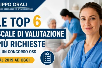 Operatrice sanitaria con paziente anziano sullo sfondo e riferimento alle principali scale di valutazione richieste nei concorsi OSS dal 2019 ad oggi.