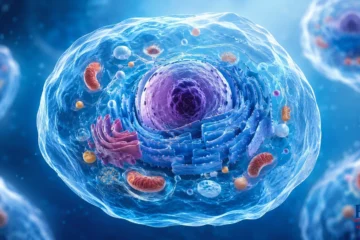 illustrazione scientifica della cellula umana con nucleo, DNA, membrana cellulare e organuli