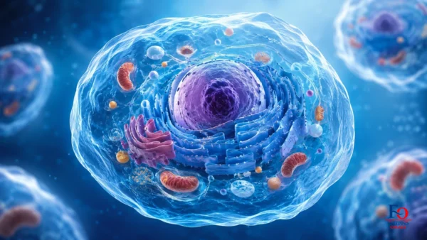 illustrazione scientifica della cellula umana con nucleo, DNA, membrana cellulare e organuli