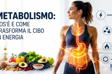 Illustrazione del metabolismo con apparato digerente e alimenti sani.