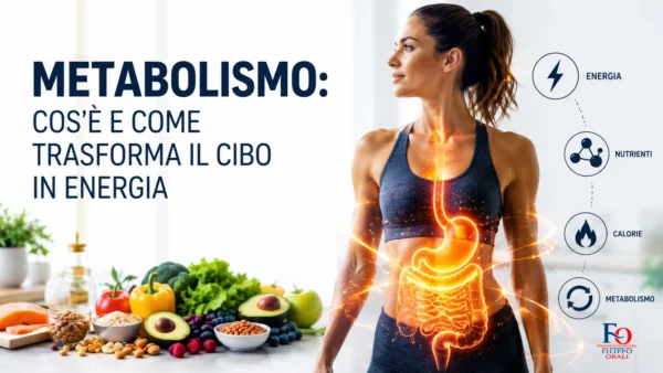 Illustrazione del metabolismo con apparato digerente e alimenti sani.