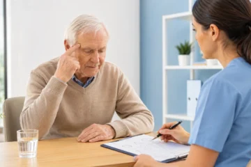 mmse mini mental state examination con anziano fragile e operatore socio sanitario durante osservazione cognitiva
