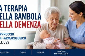 anziana con demenza accudisce una bambola con supporto discreto dell’OSS
