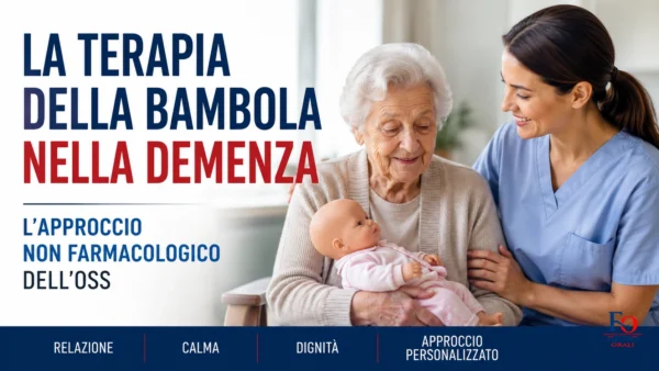 anziana con demenza accudisce una bambola con supporto discreto dell’OSS