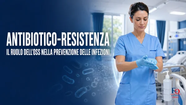 OSS che sanifica una superficie in ambiente sanitario per prevenire le infezioni e contrastare l’antibiotico-resistenza.