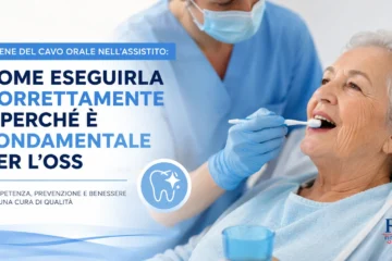 Operatore Socio Sanitario esegue l'igiene del cavo orale su un paziente allettato seguendo la procedura assistenziale corretta.