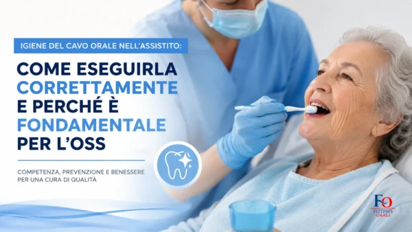 Operatore Socio Sanitario esegue l'igiene del cavo orale su un paziente allettato seguendo la procedura assistenziale corretta.