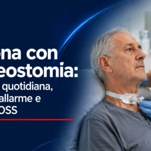 Persona con tracheostomia assistita da un OSS durante le attività di assistenza quotidiana