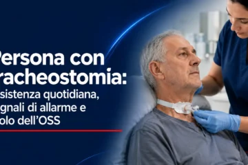 Persona con tracheostomia assistita da un OSS durante le attività di assistenza quotidiana