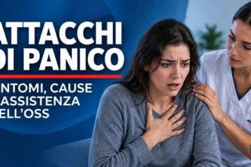 Donna con sintomi di attacco di panico rassicurata da un'operatrice socio-sanitaria durante l'assistenza.